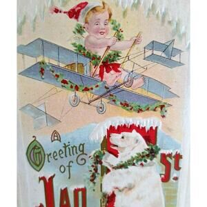 New Years Postcard Polar Bear Baby Flying Airplane Vintage Series 576 J Herman